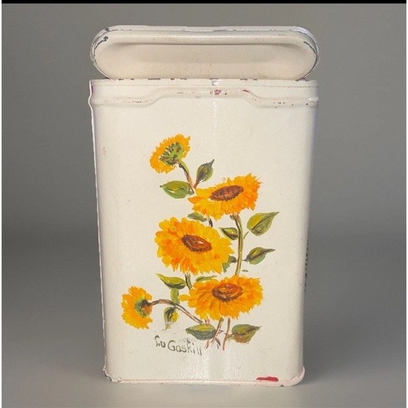 Other - VTG Prince Albert Tin Hinge Lid Canister Handpainted Signed Sunflower Kitchen